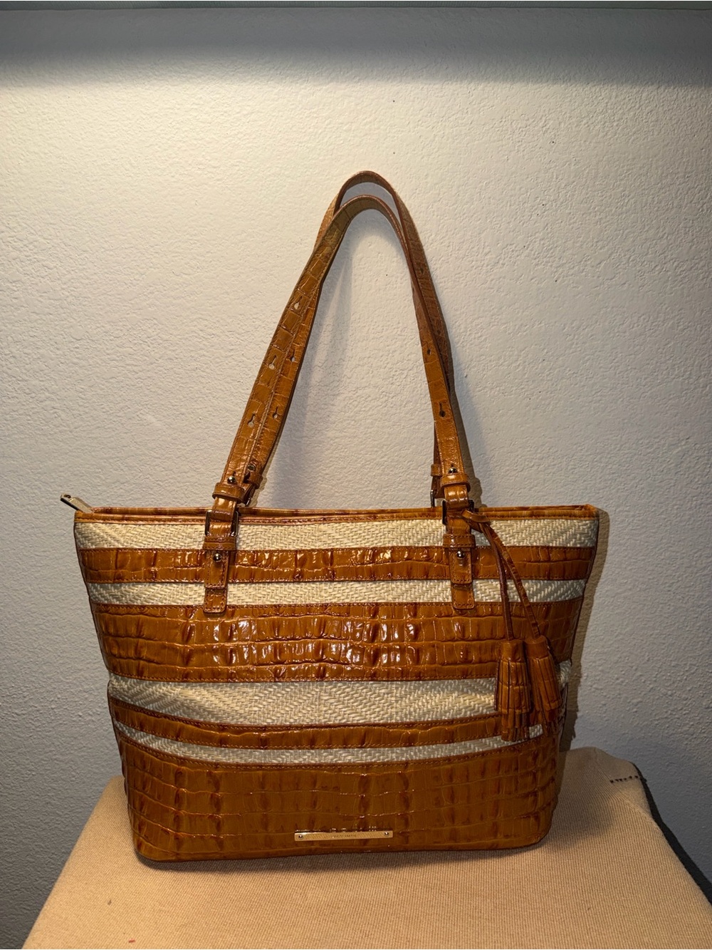 Brahmin Medium Asher tote Croc embossed leather w/Rafia